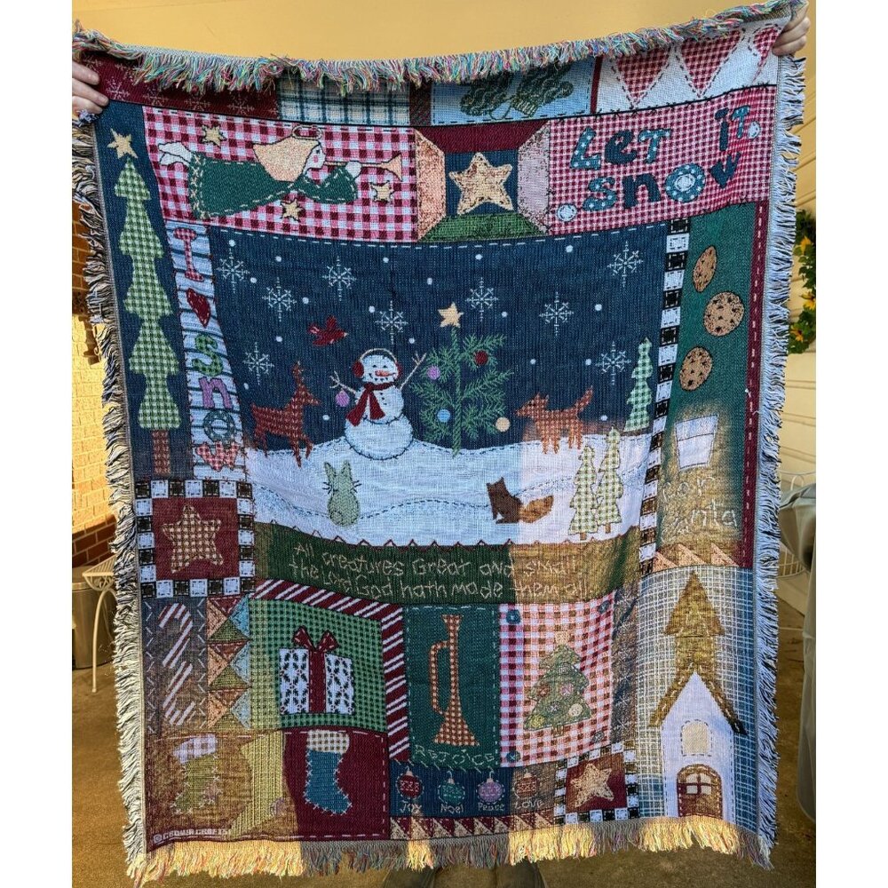 Christmas Tapestry Throw Blanket Snowman Forest Animals Farmhouse Lodge 50x48